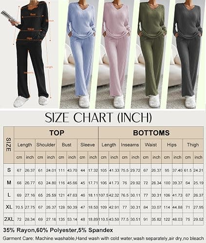 Famulily Womens Pyjamas Set Nightwear, Ladies Ribbed 2 Piece Outfits Loungewear Sets Leisure Suits Homewear V Neck Long Sleeve Jumpers and Wide Leg Trousers with Pockets thumbnail 5