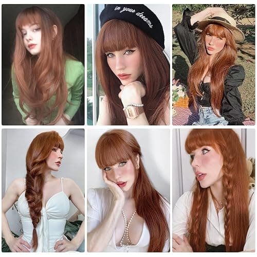 HAIRCUBE Long Auburn Wig with Bangs Layered Curly Orange Wigs for Women Natural Synthetic Wigs for Daily Use (pelucas de cabello natural) thumbnail 6
