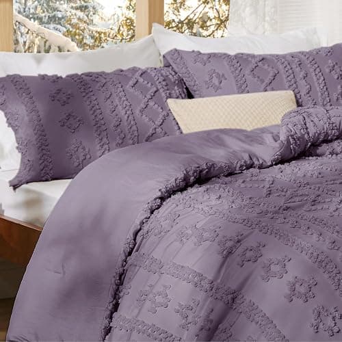 Bedsure Tufted Boho Comforter Set Queen Size - Grayish Purple Boho Bed Set, GentleSoft™ 3 Pieces Farmhouse Shabby Chic Embroidery Bedding, Gifts for Woman, Jacquard Queen Comforter for All Seasons thumbnail 6