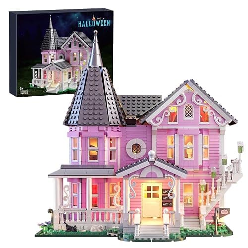 Pink Palace Apartment Building Set with Lights, 1349PCS Halloween Haunted House Blocks Compatible with Lego, Christmas Birthday Gifts for Kids & Collectors Aged 8+ - Image 1