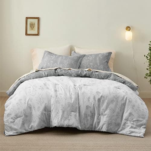 Bedsure Full Comforter Set - Grey Bed Set, 3 Pieces Cute Floral Bedding, 1 Soft Reversible Botanical Flowers Comforter and 2 Pillow Shams thumbnail 4