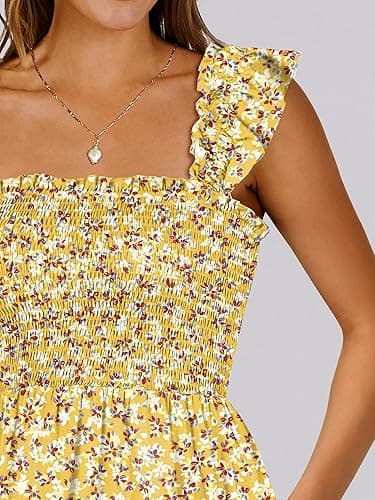 Prinbara Womens Summer Casual Square Neck Smocked Short Sundress 2025 Spring Beach Vacation Flowy Cute Teen Boho Dresses - Floral Yellow - X-Small thumbnail 6