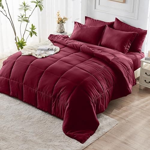 JOLLYVOGUE Queen Comforter Set, Ultra-Soft Bed in a Bag Queen Size 7 Pieces, Oeko-TEX Certified Bedding Set with Down Alternative Comforter, Sheets, Pillowcases & Shams, Burgundy thumbnail 8