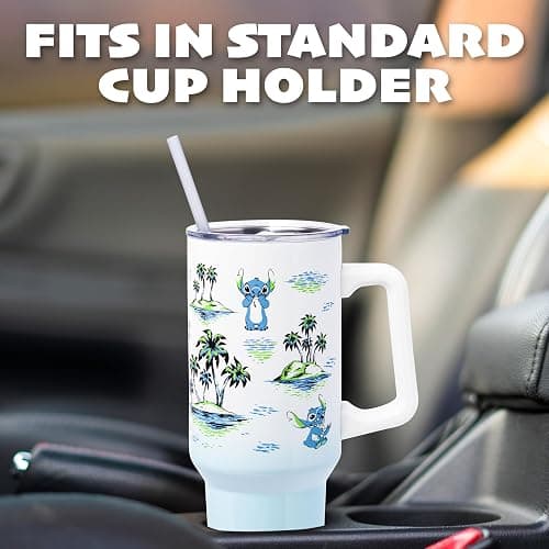 Silver Buffalo Disney Lilo and Stitch Vintage Sketch Palm Trees and Flowers Stainless Steel Tumbler with Handle and Straw, Fits in Standard Cup Holder, 40 Ounces thumbnail 5