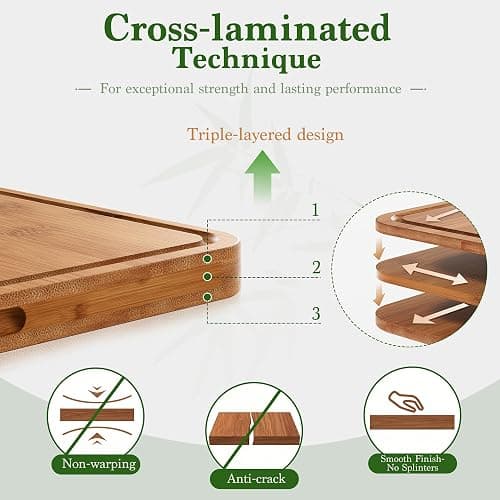 Bamboo Cutting Board 3-Piece Wooden Bread Boards for kitchen | Deep-Carbonized Bamboo Set with Deep-Carbonized Finish & Non-Slip Edges, Size for Meat/Veggie,Cutting Board with Hanging Hole thumbnail 5