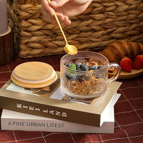 4pcs Set Vintage Coffee Mugs gifts for women, Overnight Oats Containers with Bamboo Lids and Spoons - 14oz Clear Embossed Glass Cups, Cute Coffee Bar Accessories, Iced Coffee Glasses thumbnail 6