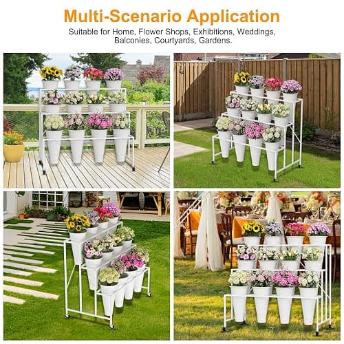 NEYCIL Flower Stand, 3-Tier Flower Display Stand with Buckets for Indoor Outdoor, Flower Cart Display Stand with Wheels for Courtyard, Balcony, Flower Shop, Wedding, Party, Exhibition (White) thumbnail 7