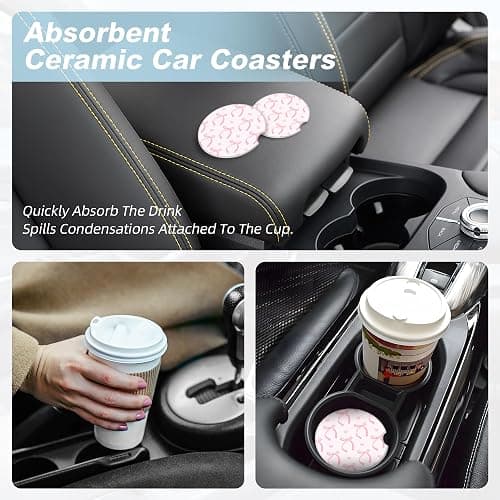 Cute Pink Bow Car Coasters for Cup Holders,2 Pack Car Cup Holder Coasters for Car,Ceramic Absorbent Car Coaster with A Finger Notch and Cork Base,Car Interior Accessories for Women Men thumbnail 8