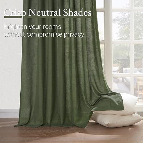 Pleated Linen Curtains 105 Inches Long for Living Room 2 Panel Set Olive Green Semi Sheer Light Filtering Pinch Pleat with Hooks Back Tab Drapes Neutral Boho 105 Inch Curtain for Bedroom Window thumbnail 5