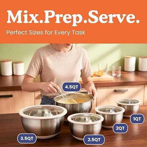Ziruma Non-Toxic Mixing Bowls with Lids Set, Stainless Steel & Glass, 5 Pcs Plastic Free Bowls with Silicone Non-Slip Base, Dishwasher Safe Mixing Bowl Set thumbnail 7