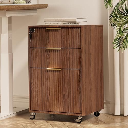 INNOD 3 Drawer Fluted Mobile File Cabinet with Lock, Rolling File Cabinet, Under Desk Wooden Filing Cabinets for Home Office (Walnut) - Image 1