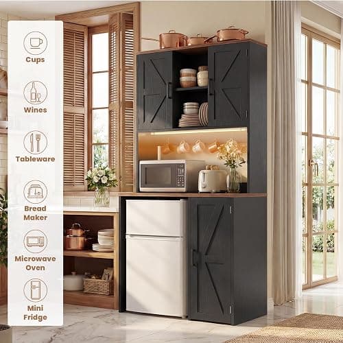 Unikito Mini Fridge Cabinet with Storage, Power Outlet & LED Light, Black | Coffee Bar Cabinet, Liquor Wine Bar Stand with Mini Fridge Space and Microwave Shelf, Beverage Station for Home Kitchen thumbnail 6