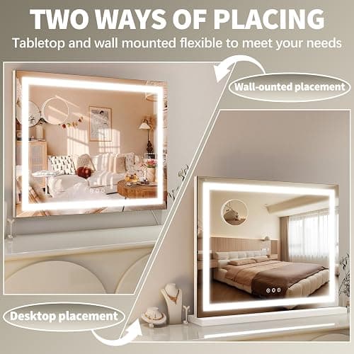 FENNIO 23" x 18" Vanity Mirror with Lights，LED Makeup Mirror，Hollywood Mirror with 3 Color Modes & Adjustable Brightness，Vanity Mirror Square White thumbnail 5
