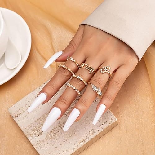 NEWITIN 45 Pieces/65 Pieces Gold Knuckle Rings Set for Women Stackable Ring Adjustable Boho Joint Finger Midi Ring Hollow Carved Crystal Stacking Rings Pack - Gold/45 Pieces thumbnail 7