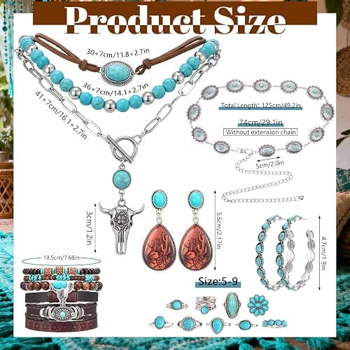 Zhamate Western Jewelry Set - Boho Turquoise Dangle Earrings Necklace Faux Leather Bracelet Ring with Concho Belt for Women thumbnail 8