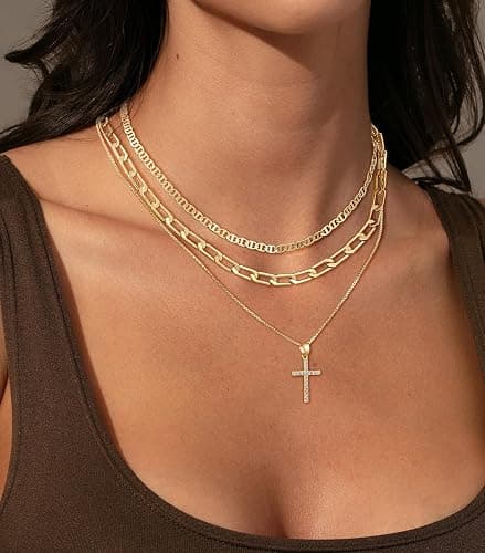 DIFOMI Layered Cross Necklaces for Women, Dainty 14K Gold/Sterling Sliver Plated Cross Necklace Cubic Zirconia Cross Pendant Simple Cuban Figaro Chain Long Snake Necklace Jewelry Gift for Women Trendy thumbnail 2