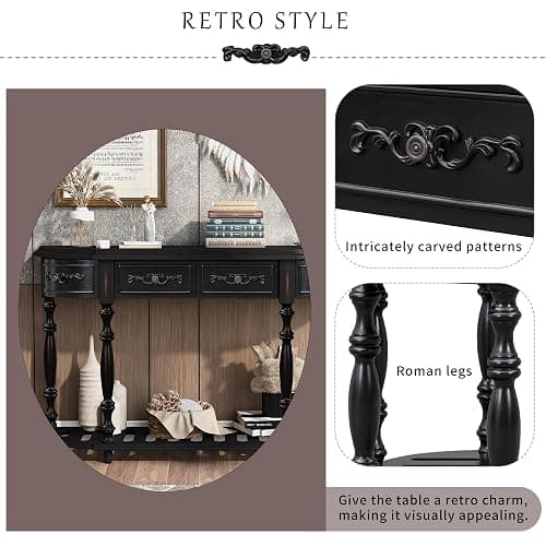 LUMISOL Retro Half Moon Console Table with 4 Storage Drawers, Curved Sofa Table Behind Couch, Half Round Accent Table with Shelf for Entryway Living Room Hallway, Black thumbnail 6