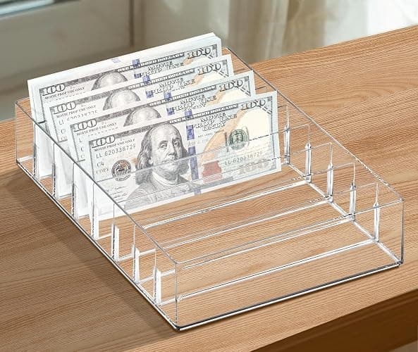 XUWAIDSGN Large Acrylic Cash Organizer 8 Section Clear Money Budget Tray Organizer Plastic Divider Bill Storage Holder for Cash Envelope (Clear) thumbnail 2