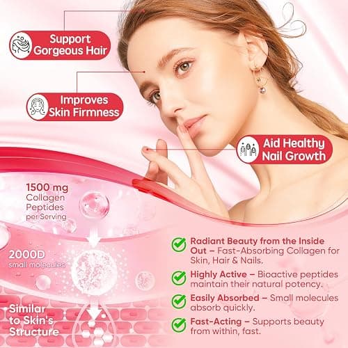 Collagen Peptide Gummies for Women & Men Sugar-Free, Multi Collagen Hydrolyzed w/ 1500mg Protein Type I,II,III,V,X, 5000mcg Biotin, Methylated B12, Vitamin C A E D3 B6 for Skin Hair Nails, Bone, 60Cts thumbnail 4