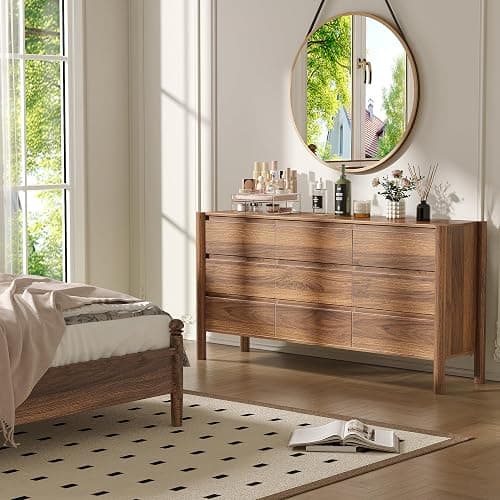 CHUWELL Dresser for Bedroom, 63" Wide Mid Century Modern Chest of Drawers with 9 Large Storage Space and 4 Solid Wood Cylindrical Legs, 9 Drawer Large Dresser for Bedroom(Walnut) thumbnail 3