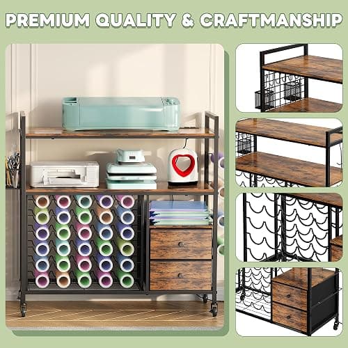 HavenlyYouth Craft Cart Compatible with Cricut Machine, Large Cricut Table with 34 Vinyl Roll Holder, 2 Drawers and Charging Station, Craft Storage Cabinet Craft Workstation thumbnail 7