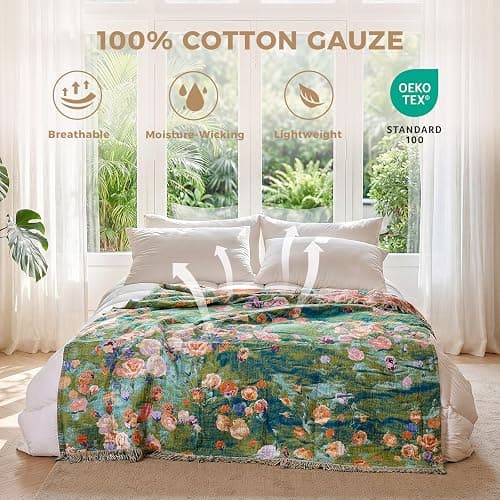 LUTBM Boho Throw Blanket for Bed Cotton Summer Blankets Twin Size for Bedroom Living Room All Season Lightweight Floral Embroidery Reversible Quilt for Couch Sofa Chair 60"x80" Home Decor thumbnail 3