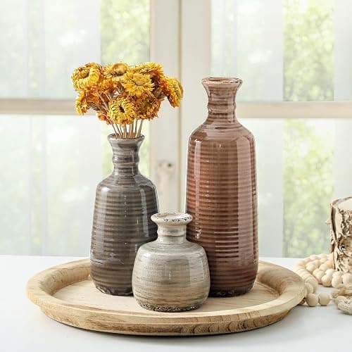 Ceramic Vases Set of 3, Neutral Rustic Farmhouse Vases Home Decor Decorative Flower Vase Modern Boho Pampass Vase for Table Mantel Entryway Shelf Living Room Kitchen Bathroom - Brown thumbnail 5