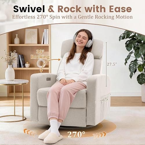 Korser Power Swivel Recliner Chairs for Adults, Electric Glider Rocking Chair Nursery, Glider Recliner Nursery Chair with Classified Side Pocket, Nursery Rocking Chairs with USB and Type-C Ports thumbnail 4