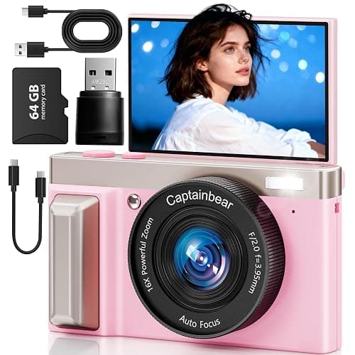 4K Digital Camera,64MP Cameras for Photography with 16X Digital Zoom, AutoFocus Vlogging Camera for YouTube, 3" 180°Flip Screen Compact Travel Camera, Anti-Shake 4K Video Cameras with 64GB Card, Pink - Image 1