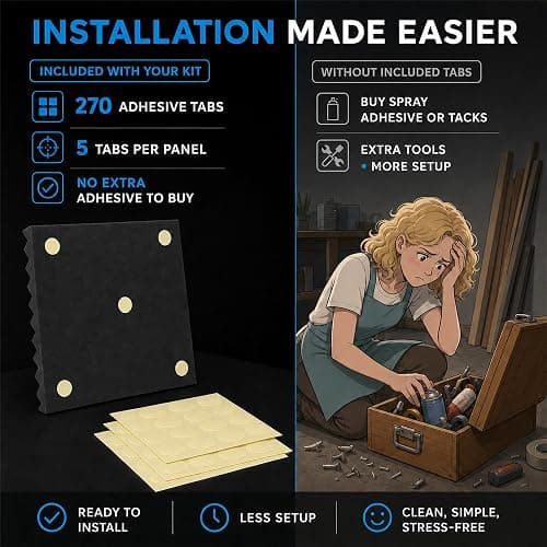 TEMGCUAM 54 Pack Acoustic Foam Wall Panels, 12 x 12 x 1 in | High-Density Sound Absorbing Panels for Studios, Gaming Rooms & Offices; Includes 270 Adhesive Pads for Easy Wall Application thumbnail 2