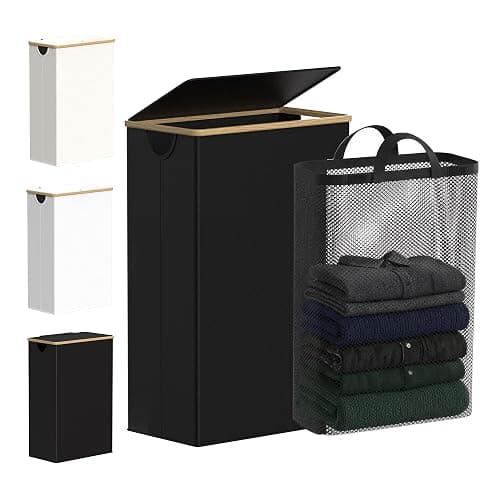 efluky Slim Laundry Basket with Lid, Narrow Laundry Hamper with Removable Bag, Skinny Dirty Clothes Basket with Bamboo Handles for Bathroom, Bedroom & Laundry Room, 75L Black - Image 1