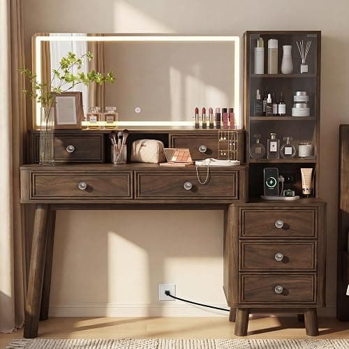 Furmax 48" Makeup Vanity Desk with Large Mirror and Lights,Big Wood Vanity Table with 5 Drawers＆Glass Storage Cabinet with Adjustable Shelves,Dressing Table with Charging Station for Bedroom (Walnut) thumbnail 3