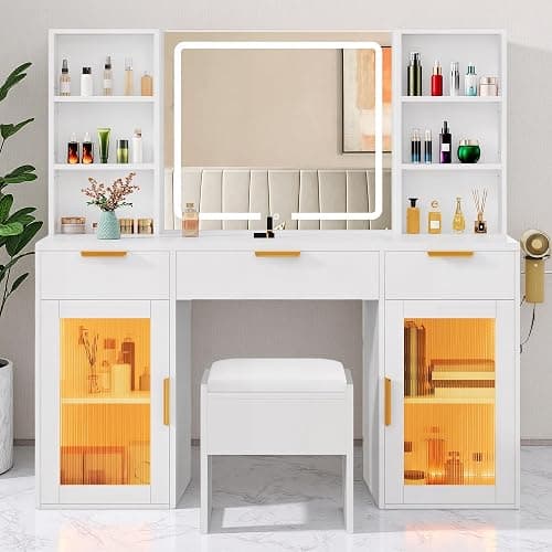 DWVO 56.3" Makeup Vanity with LED Lighted Mirror, Large Vanity Desk with RGB Glass Cabinets, Open Shelving, Built-in Power Strip & Cushioned Stool - Image 1