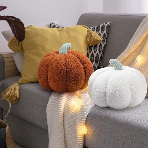 Kajaia 2 Pcs 3D Pumpkin Pillow Fall Decor Cushions,White, Brown | 11 x 9.5 Inch Stuffed Fall Throw Pillows, Room & Bedroom Home Decor for Fall Halloween Thanksgiving Sofa Couch thumbnail 6