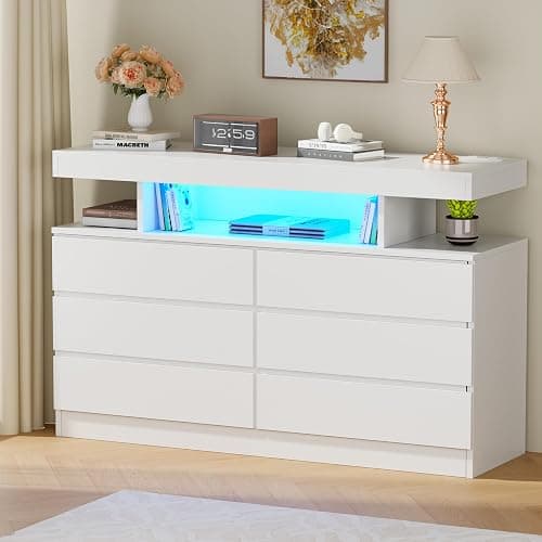 BEWISHOME White Dresser for Bedroom with Charging Station and LED Lights, Wood 6 Drawer Dresser TV Stand with Open Space, Modern Wide Dressers Chest of Drawers for Closet, Living Room, White KCG02W - Image 1