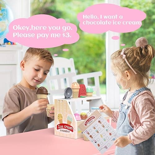 Wooden Ice Cream Set for Kids, 49 PCS Wooden Role Play Ice Cream Counter Shop Playset, Play Food Sets for Kids Kitchen, Pretend Play Toys, Imaginative Toys Gift for 3 4 5 Year Old Girls Boys thumbnail 3