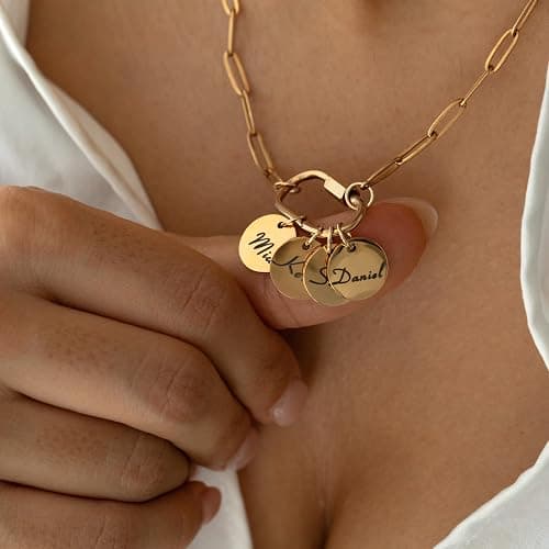 MignonandMignon Custom Carabiner Coin Charm Necklace with Kids Names,Birthday Gift for Mom, Handmade Jewelry for Her, Grandma Gift -P-LOCK-CN thumbnail 5