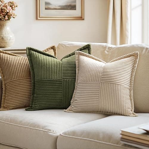 MIULEE Decorative Throw Pillow Covers for Couch Bed Livingroom 18x18 Inch Set of 2 Beige Boho Accent Throw Pllows Broadside Striped Patchwork Soft Corduroy Pillowcases thumbnail 7
