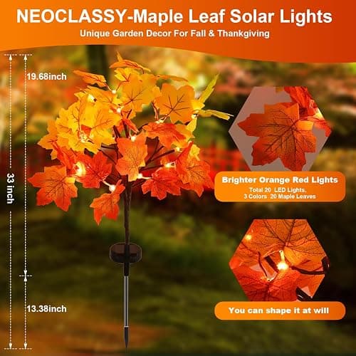 2 Pack Solar Fall Lights for Outside, Fall Décor 40LED with Maple Leaf Solar Stake Lights Outdoor, Waterproof Fall Lights for Yard Pathway, Halloween Thanksgiving Christmas Decorations - Maple Leaf, Orange thumbnail 6