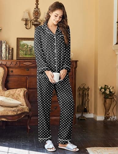Ekouaer Womens Satin Pajama Set Classic Pattern Silky Pj Sets Button Down Sleepwear Loungewear thumbnail 2
