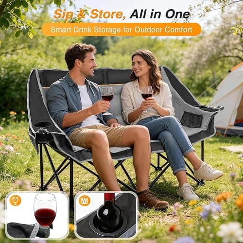Suteck Double Camping Chair, 660lbs Oversized Camping Couch w/Independent Seats, Folding Camping Loveseat w/2 Cup & Wine Glass Holders, 1200D Oxford, Side Pocket & Carry Bag, for Camping, Lawn, Patio thumbnail 3