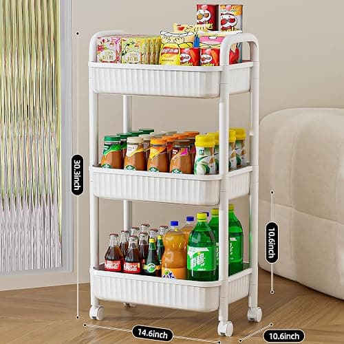 JOYZAN 3 Tier Rolling Carts with Wheels, Utility Cart with Handle and Locking Caster, Storage Cart for Kitchen, Office, Bedroom, Suitable for Diaper, Art Tools, Snack, Craft Storage Cabinet, White thumbnail 3