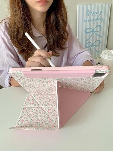 Detachable Magnetic Adjustable Kickstand Leather Folio Case with Stylus Holder for Apple iPad 10.2-inch 9 9th Generation 2021 White Pink Rose Flower Floral Pretty Chic Cute Lovely Girls thumbnail 4