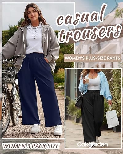 Oakgarden 3 Pack Women's Plus Size Sweatpants Casual Wide Leg Interior Drawstring High Waist Yoga Baggy Pants with Pockets thumbnail 6