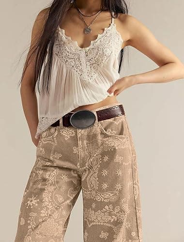 loveimgs Women Boyfriend Baggy Barrel Jeans Floral Print Denim Ankle Pants Wide Leg Mid Rise Jeans Sweatpants Y2k Patchwork thumbnail 3