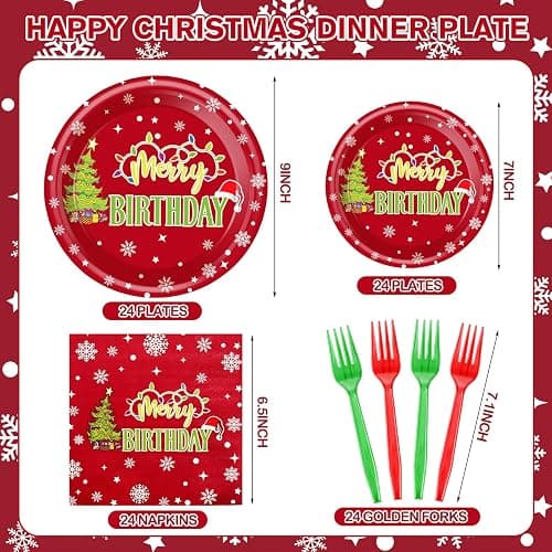 Havawish 96 Pcs Merry Birthday Tableware, Xmas Birthday Plates and Napkins | Red Christmas Decoration with Disposable Plates, Napkins, Forks, Merry Birthday Decoration, Holiday, New Year Party Supplies thumbnail 3