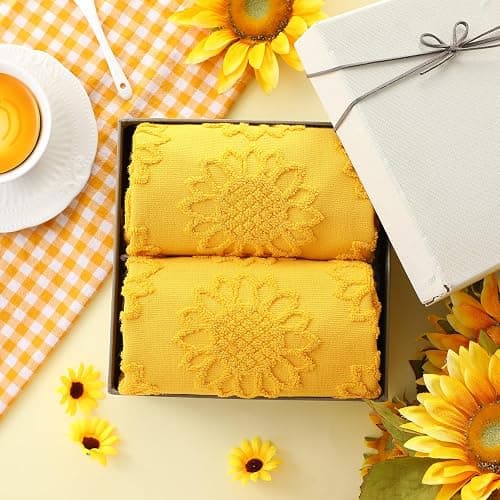 SmoothNovelty 2 Pcs Yellow Sunflower Hand Towels 100% Cotton Jacquard Weave | Bath Towel Set Soft Absorbent Dish Washcloth for Bathroom Kitchen Summer Theme Gifts, 13.8x29.5 Inch thumbnail 7