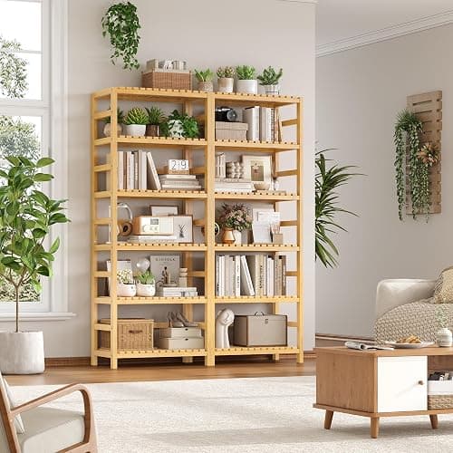 FOTOSOK 6-Tier Bamboo Shelf with Adjustable Shelves, Bamboo Kitchen Cabinet | Tall Bamboo Bookshelf and Plant Shelf with 250-lb Shelf Capacity for Laundry Bathroom Kitchen Pantry Home Office thumbnail 2