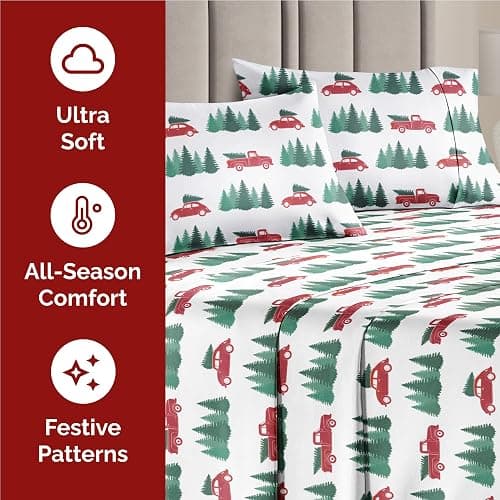 Full Christmas Christmas Tree Sheet Set - Holiday Xmas Pattern Bedding Set - Deep Pockets - Snug Fit - 4 Piece - Wrinkle Free - Cooling Comfy Festive Winter Holiday Sheets for Women, Men, Kids & Teens thumbnail 3