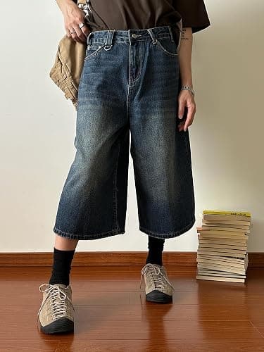 POHADON Women Y2k Baggy Jorts Vintage Wide Leg Long Jean Shorts Loose Fit Capri Denim Shorts Trendy Grunge Vintage Streetwear thumbnail 3